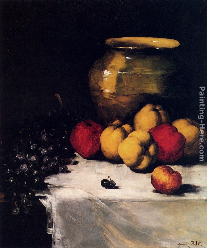 A Still Life With Apples And Grapes painting - Germain Theodure Clement Ribot A Still Life With Apples And Grapes art painting